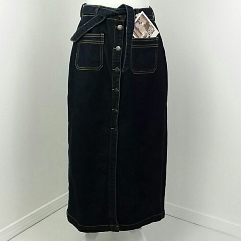 Cello Jeans Blue Tie Belt Button Down Denim Midi Jean Skirt NWT - Picture 3 of 13